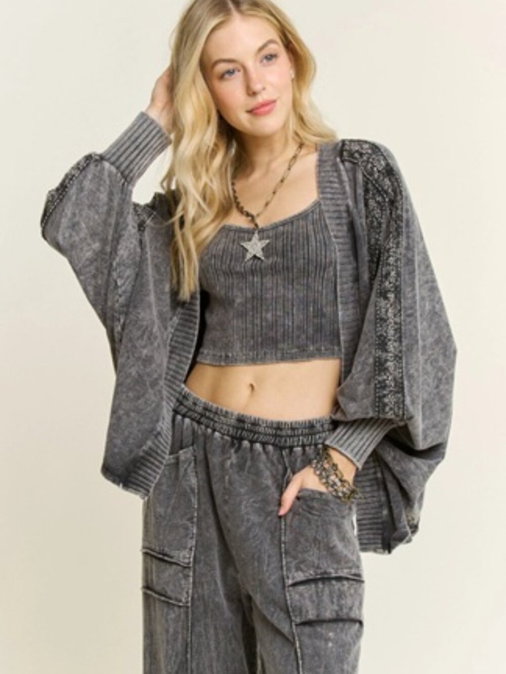 JHER DOLMAN SLEEVE CARDIGAN-BATWING SLEEVEACID WASH/CHARCOAL GREY - Picture 2 of 2